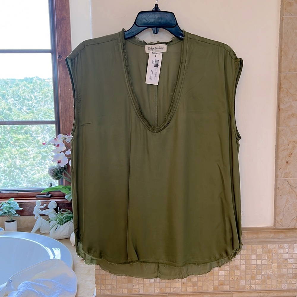 V-neck NWT olive green silky blouse